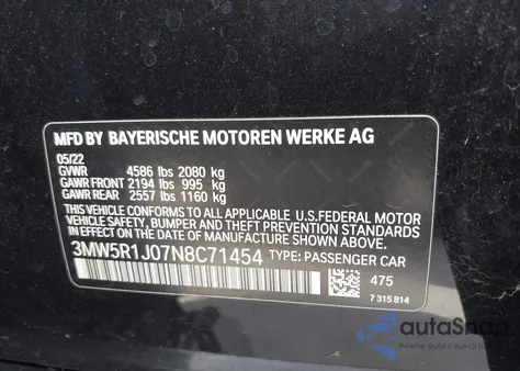 2022 BMW 330I z USA, uszkodzony, nr VIN 3MW5R1J07N8C71454